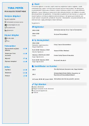 Fen Bilgisi Öğretmeni CV Örnekleri cv indir